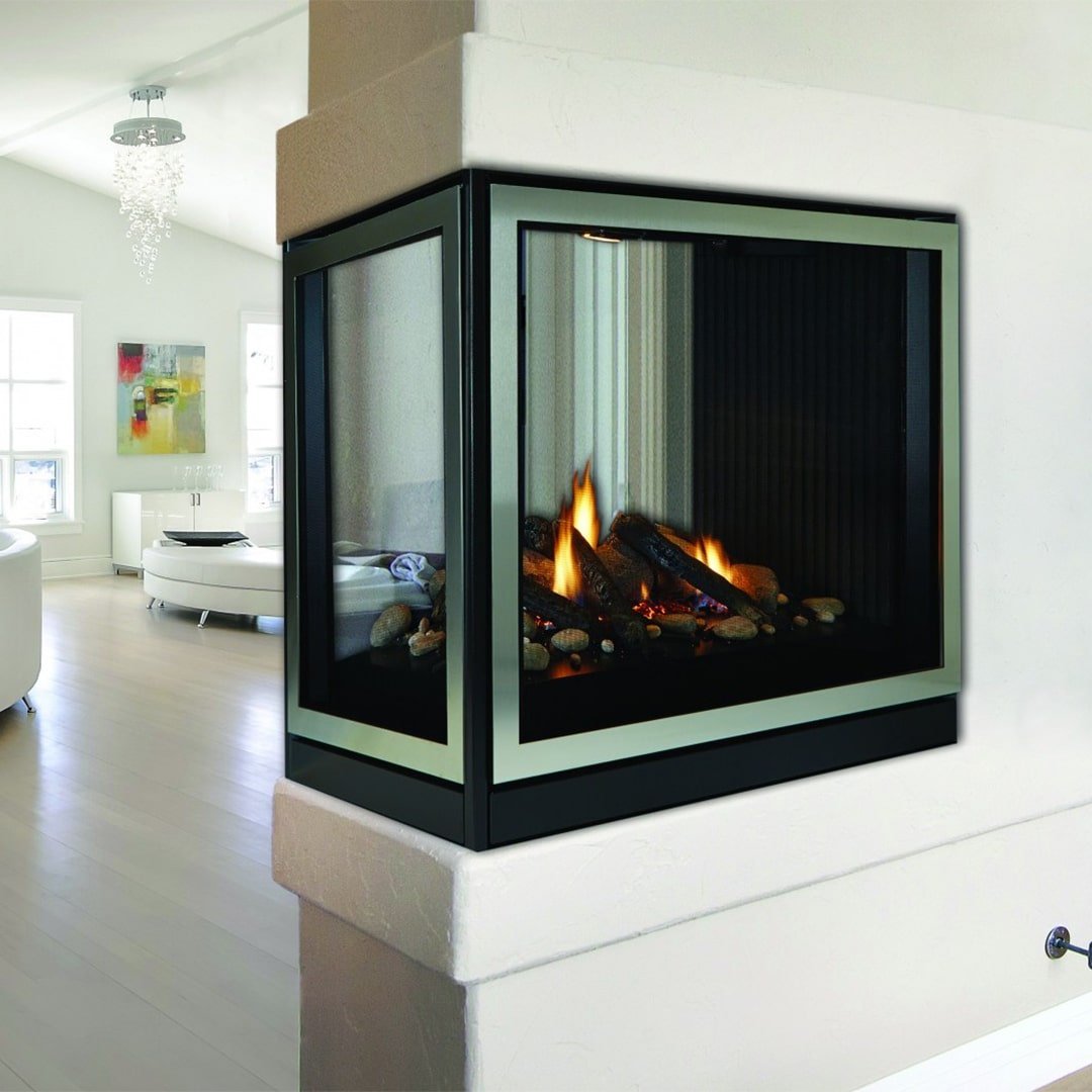 see through fireplace with small flames burning inside the firebox