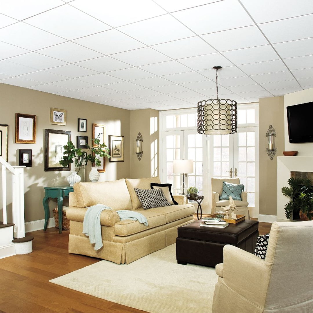 cozy living room with white ceiling tile