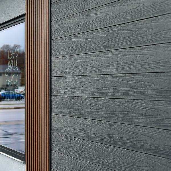 gray horizontal composite siding on a restaurant