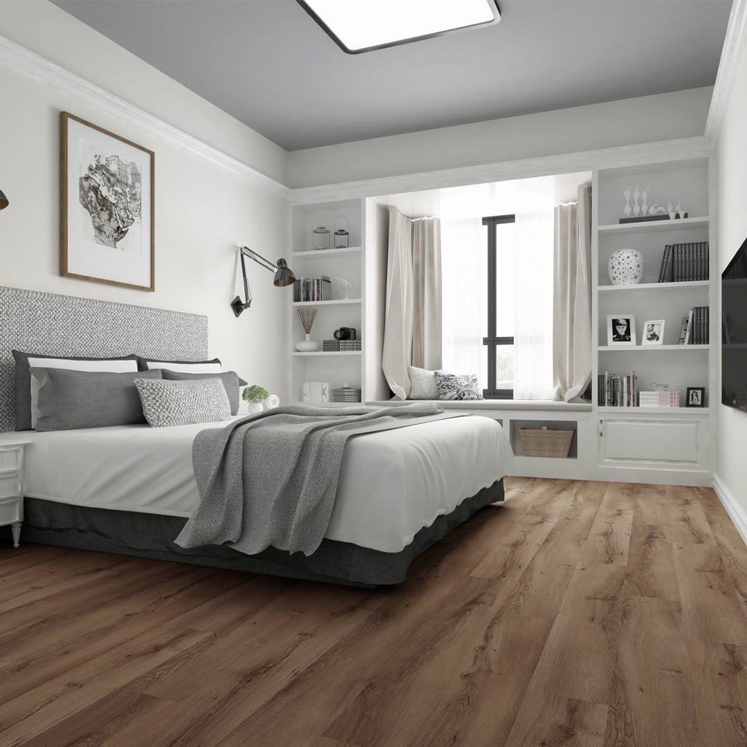 bedroom with wood color vinyl flooring