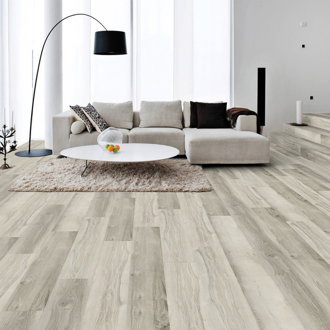 modern living room with tan vinyl flooring