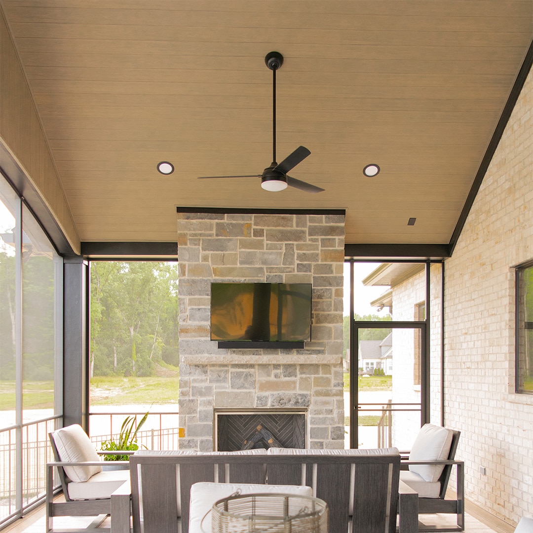 composite wood planks on porch ceiling