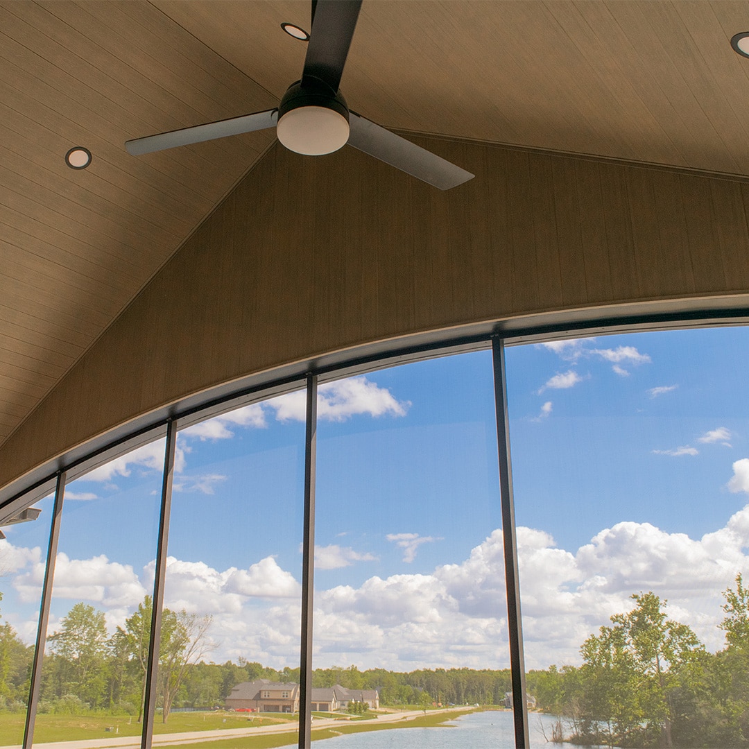 vaulted porch ceiling with composite wood cladding