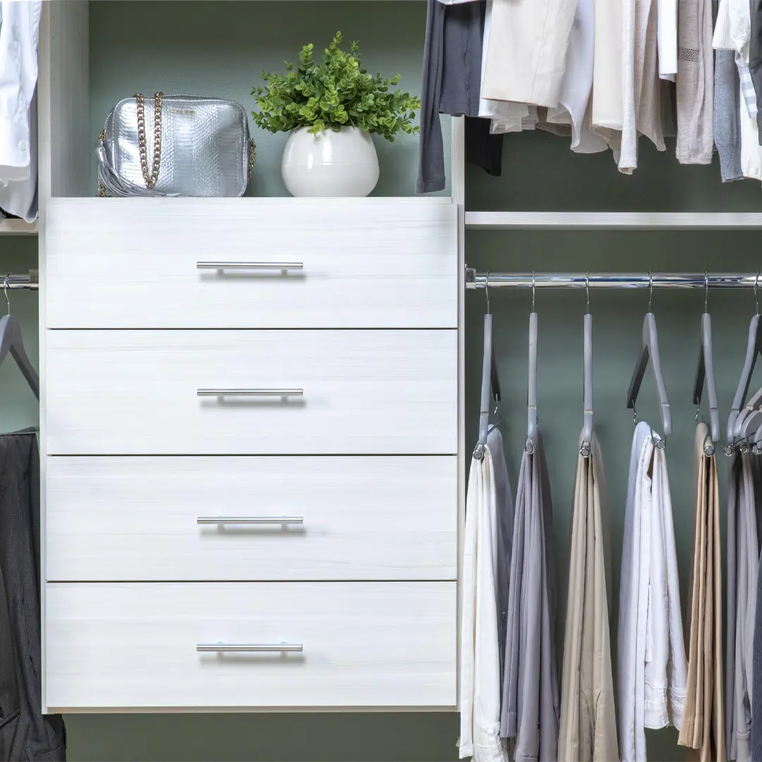 close up of 4 drawer cabinet on white built-in storage system