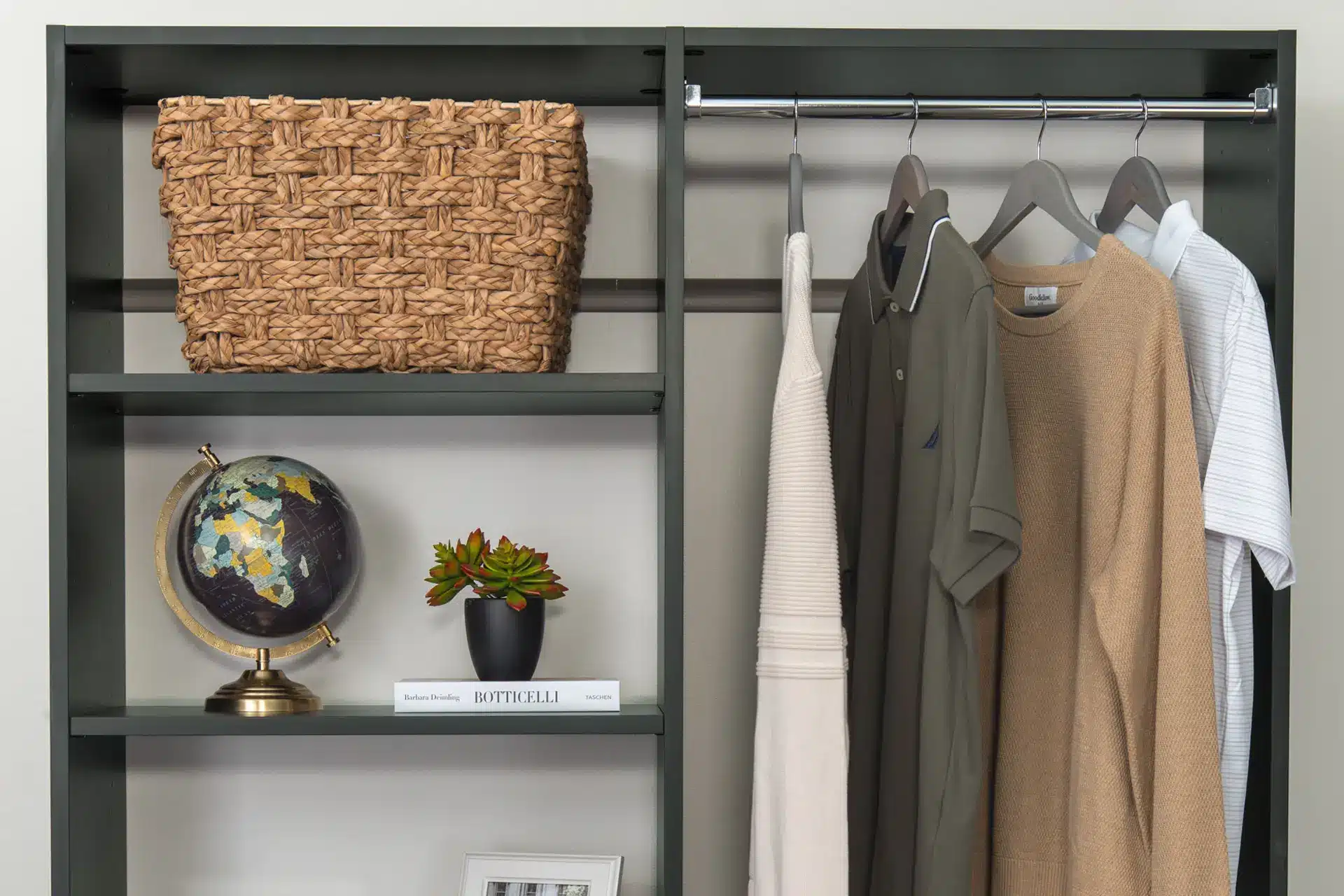 built-in storage system with clothes hanging bar and multiple shelves