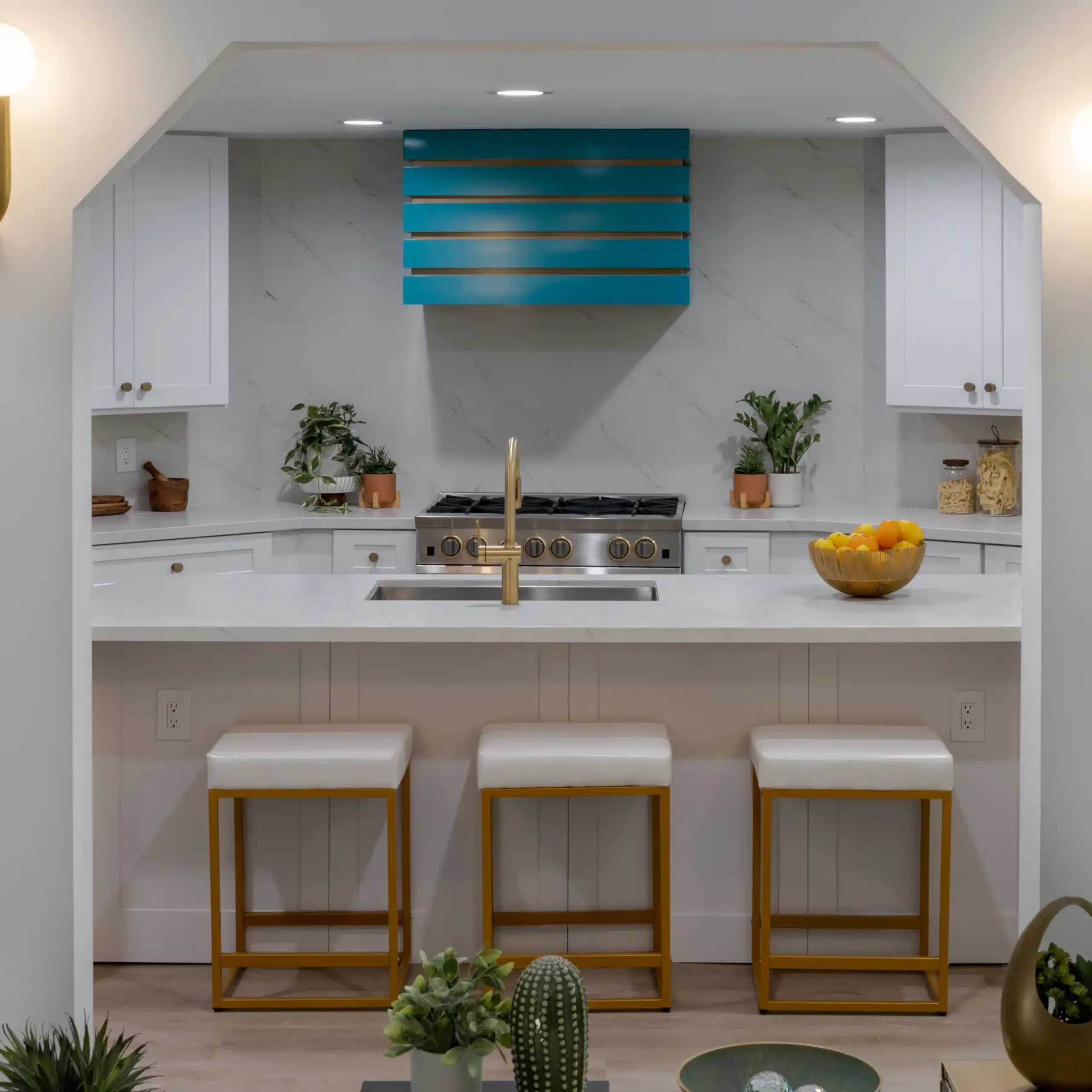 white kitchen cabinets with bronze fixtures