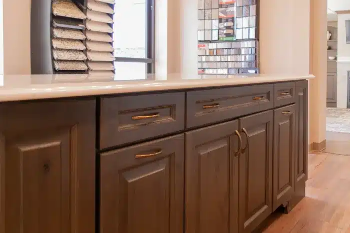 closeup of cabinets and drawers on kitchen island