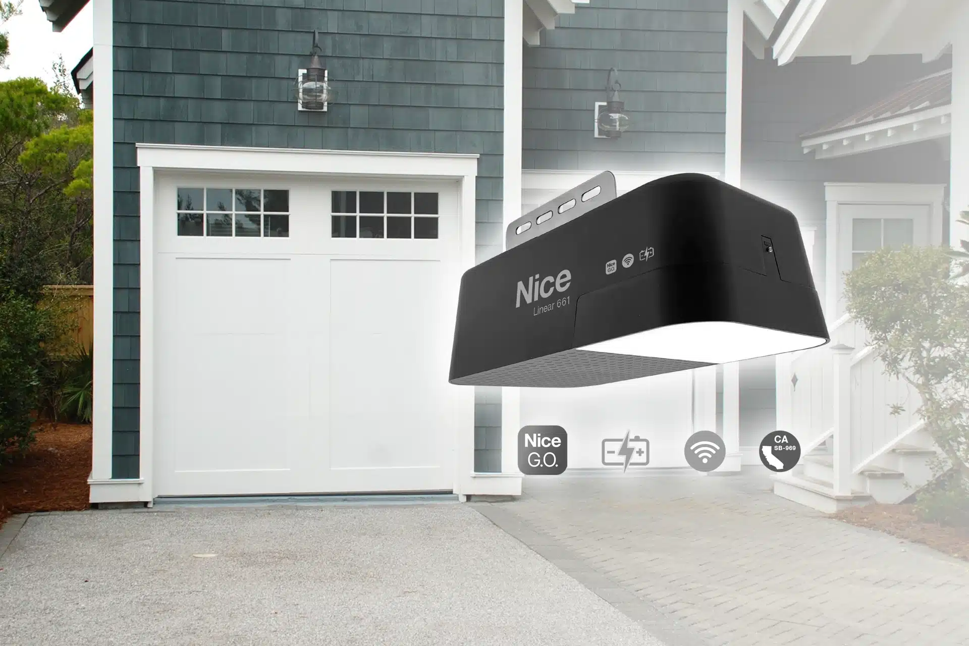 black smart garage door opener overlayed an image of a white garage door