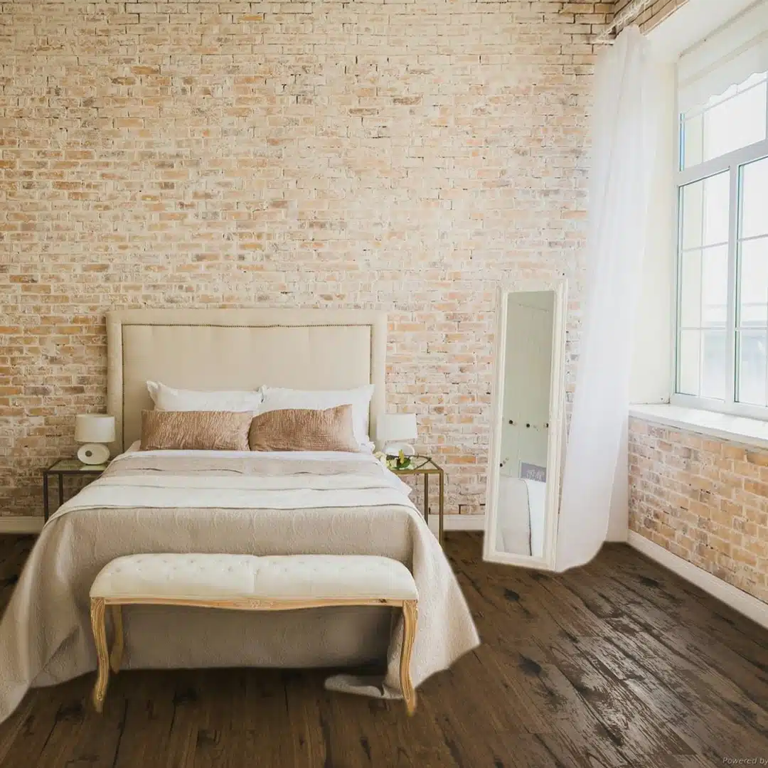 small bedroom with hickory wood floors