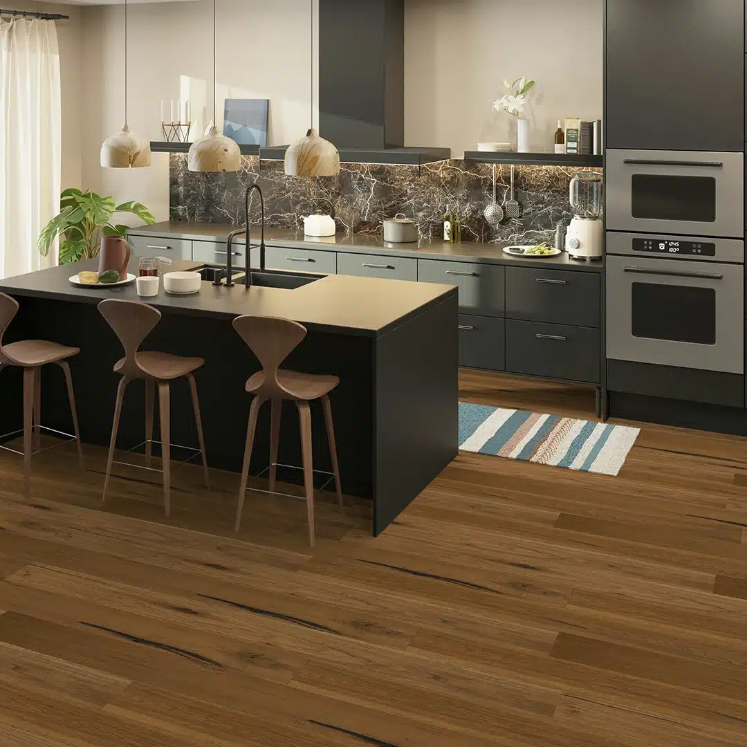 modern kitchen with hickory wood floors