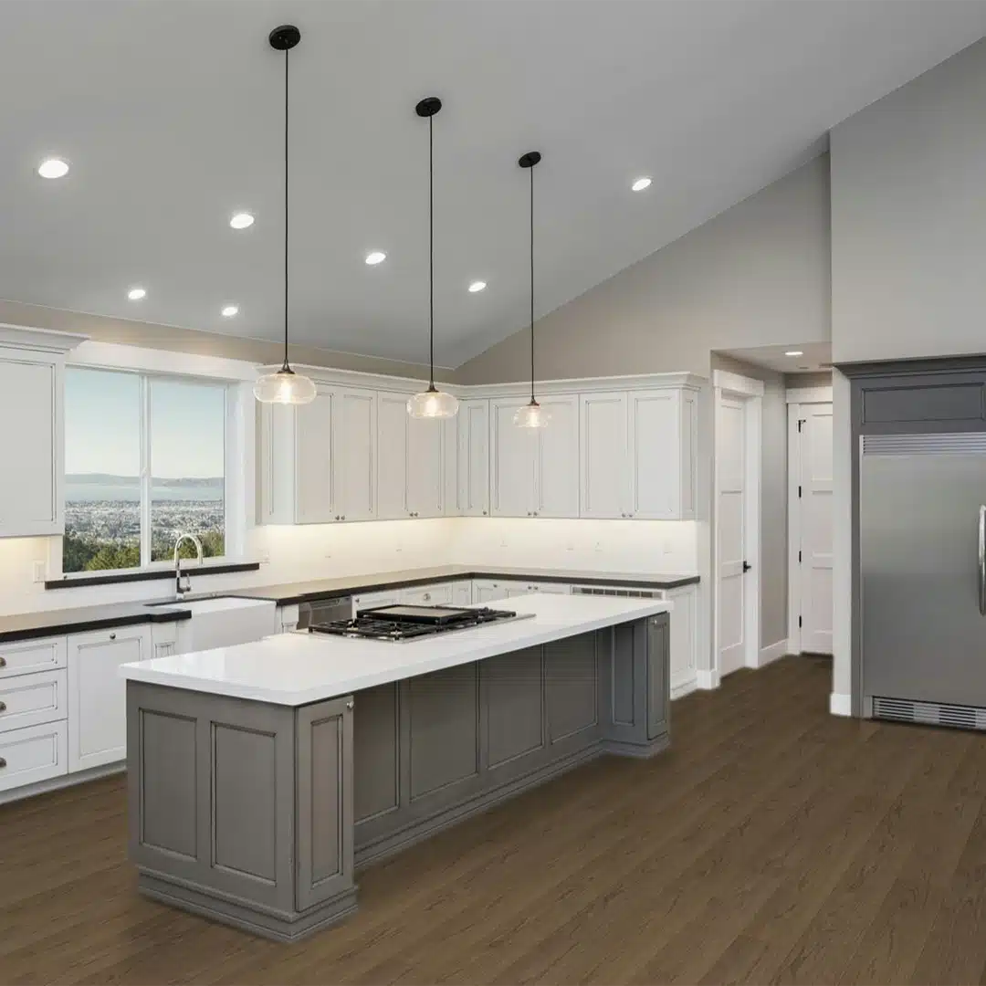 large kitchen with modern cabinets and dark wood floors