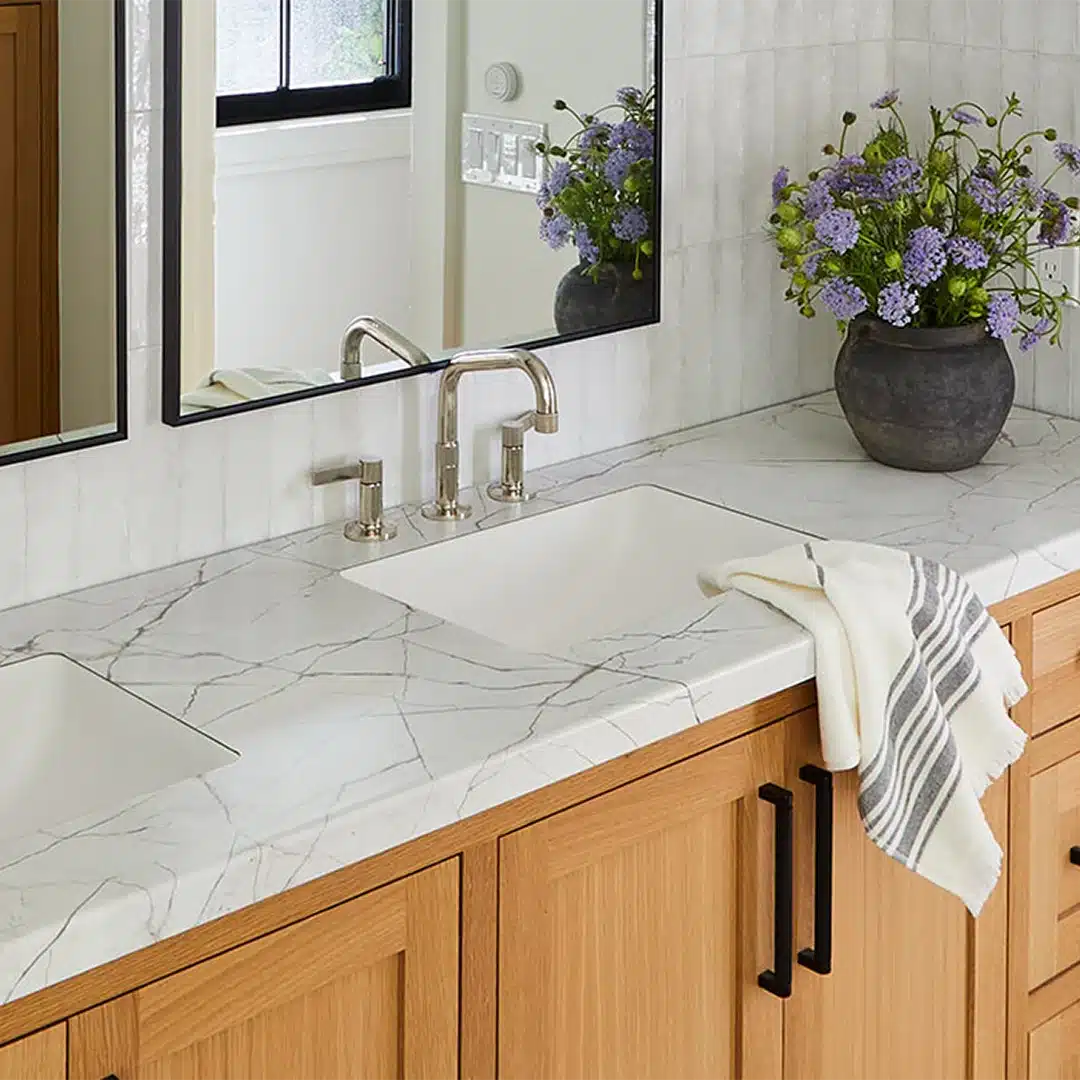 residential bathroom vanity with light laminate top