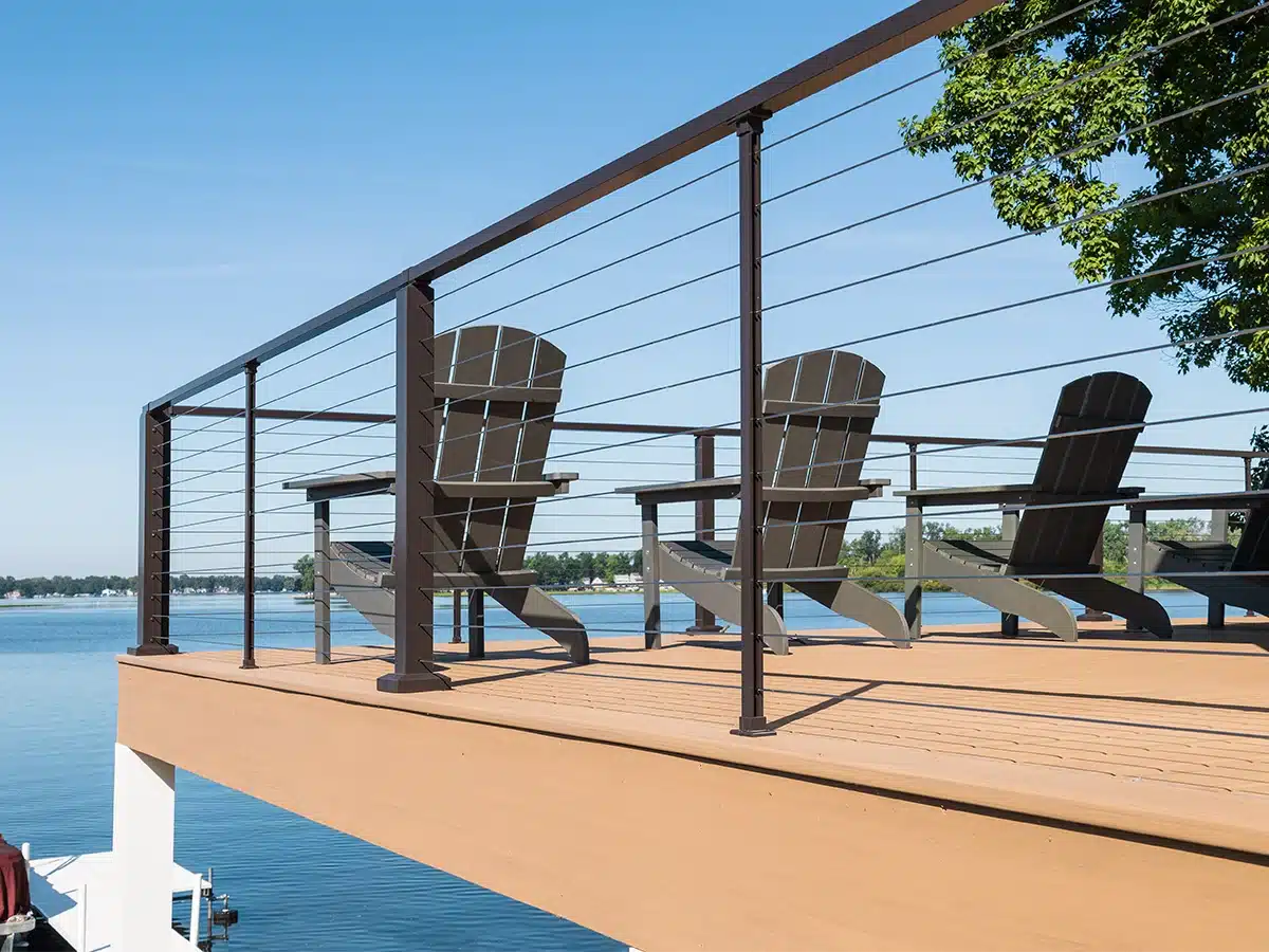 horizontal cable railing on lakefront deck