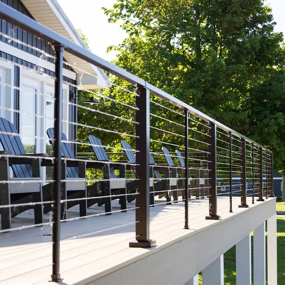 black horizontal cable railing on elevated deck