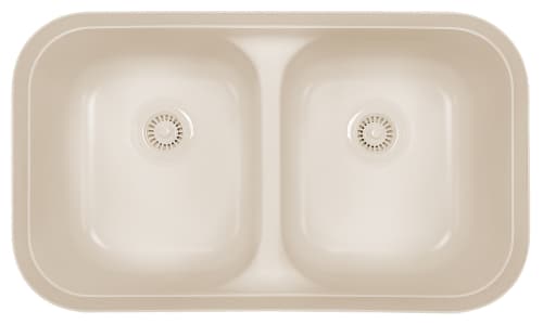 tan kitchen sink with two bowls