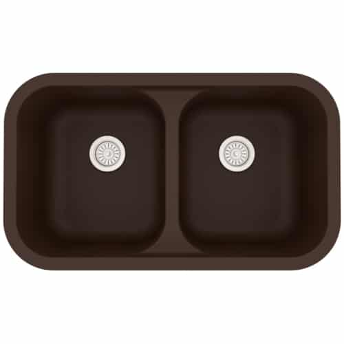 brown double bowl sink with white stainers