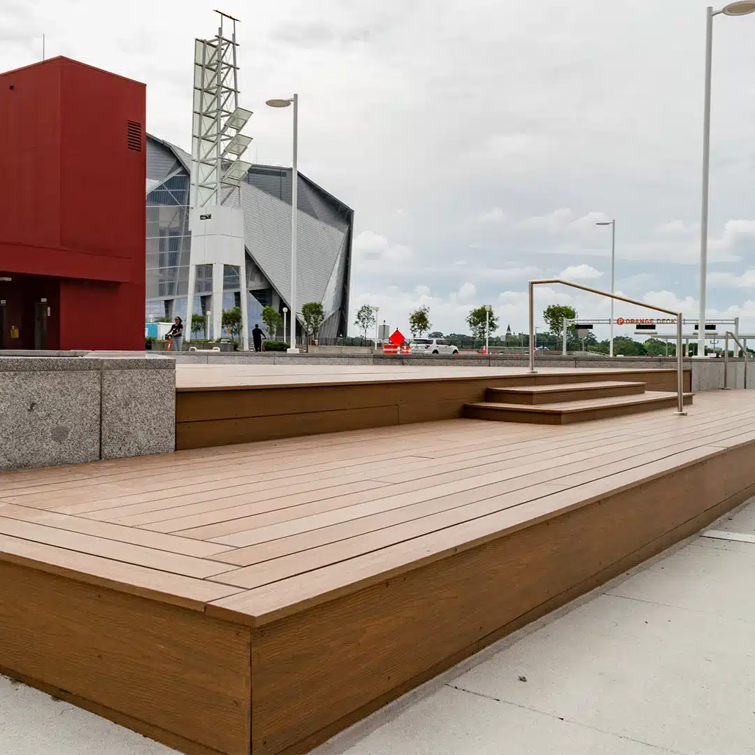 public gathering space with composite wood decking