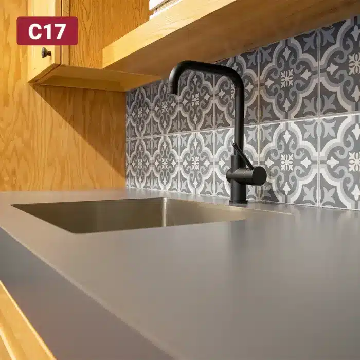 dark laminate countertop on naturally stained cabinets