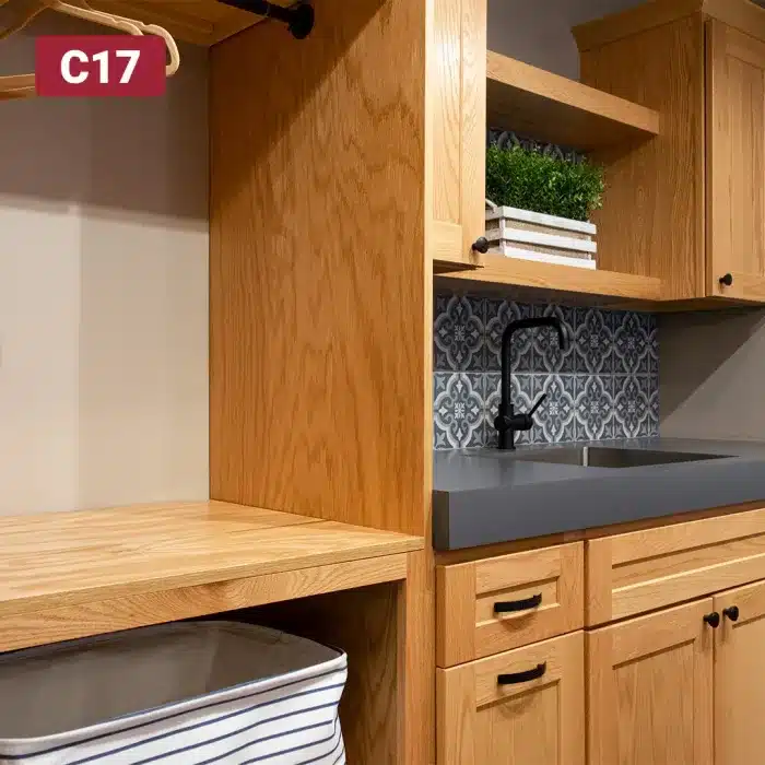 laundry room cabinets with natural wood stain