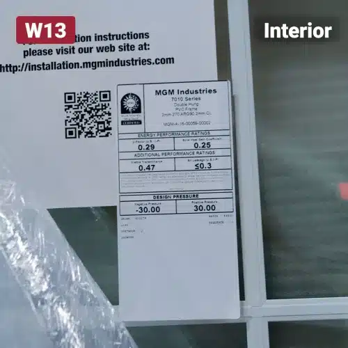 product specification label on window glass pane