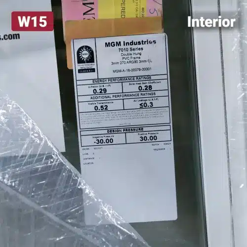 product specification label on glass window pane