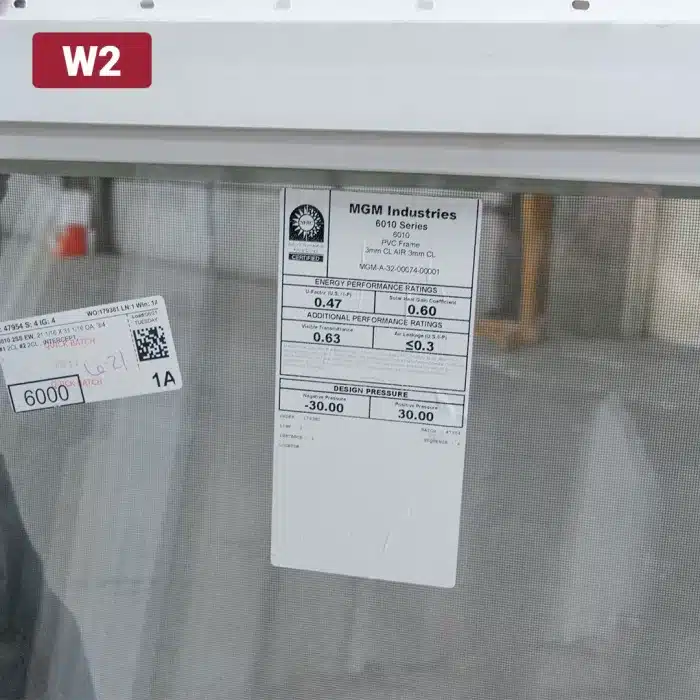 product specification label on glass window pane