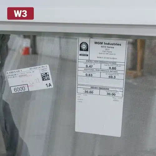 product specification label on window glass pane