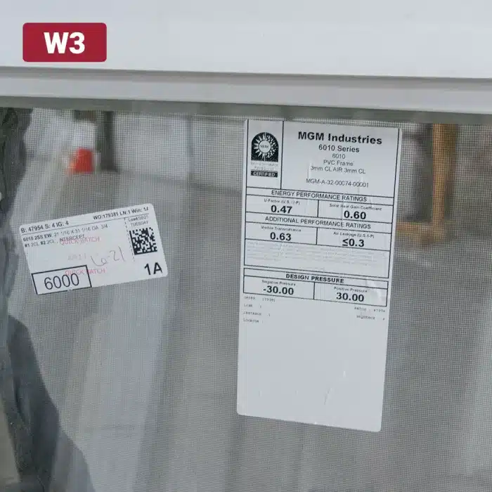 product specification label on window glass pane