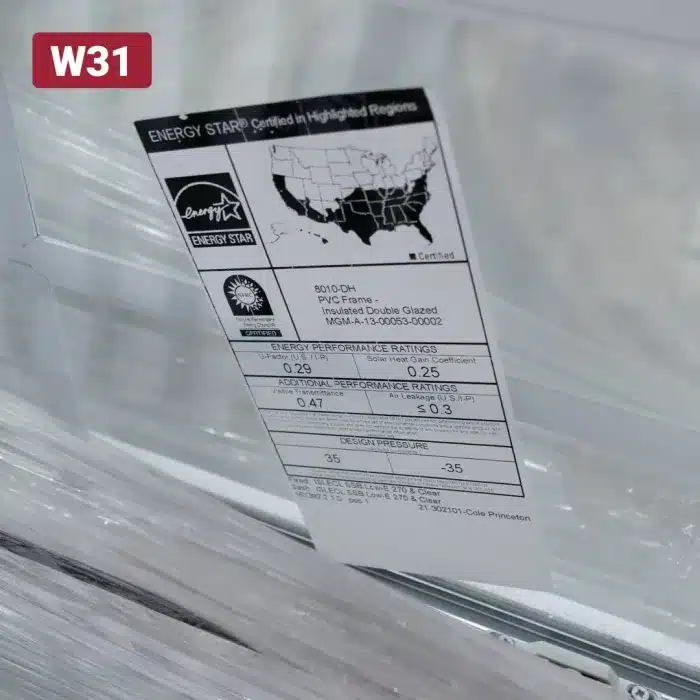 manufacturer label on glass window pane