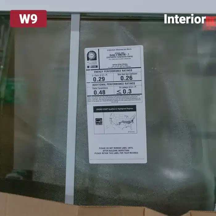 product specification label on glass window pane