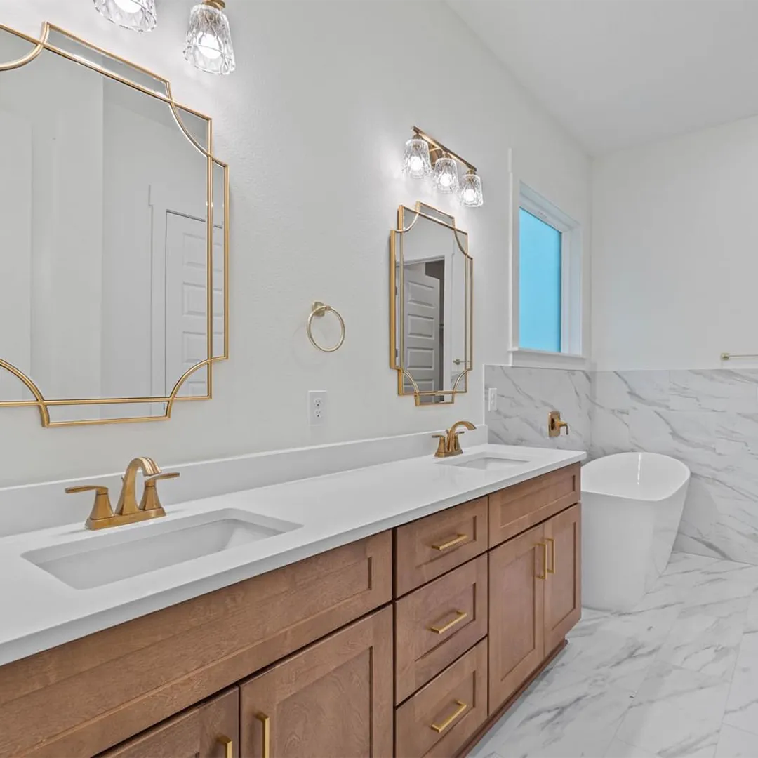 bathroom vanity with double sinks and smoked cashew stain